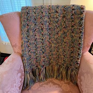 Vintage Hand Crocheted Afghan Blanket Throw; Dusty Blue, Rose, Green, Gold